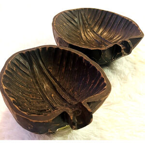 Set‎ 2 Mango Wood Bowls Leaf Hand Carved Decor Vintage Boho Tropical Indonesia